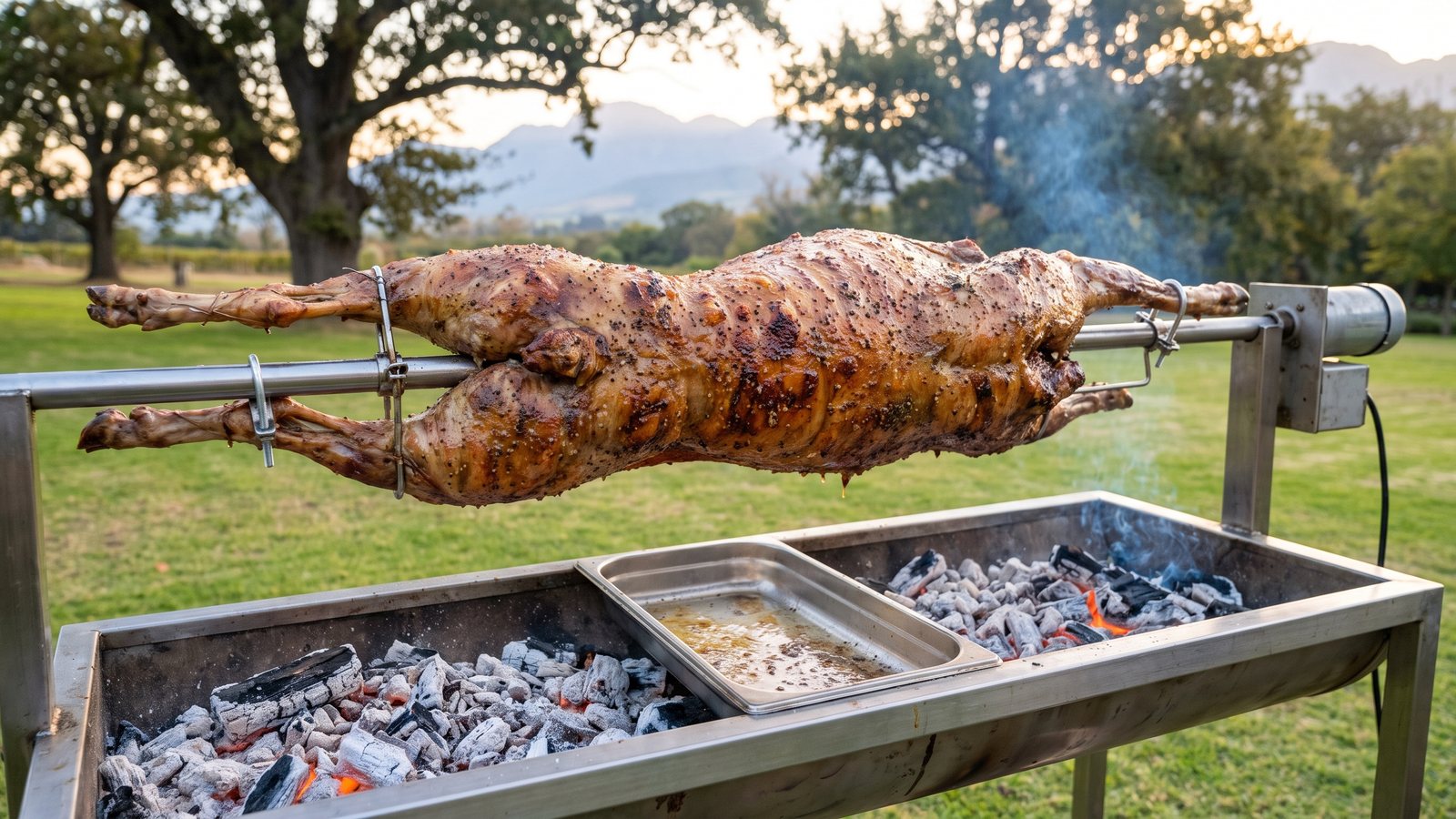 Whole lamb spit braai catering on a stainless spit over coals in Greater Cape Town